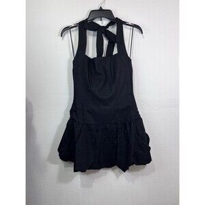 House Of Harlow 1960 Black Halter Linen Blend Bubble Hem Mini Dress Whimsigoth L